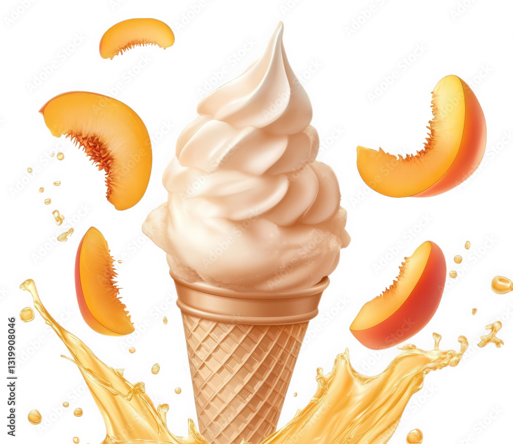 Aufkleber a delicious soft-serve ice cream cone is featured surrounded by peach slices and splashes of syrup c