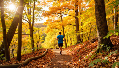 Obraz premium Trail runner enjoying autumn woods, vibrant travel adventure