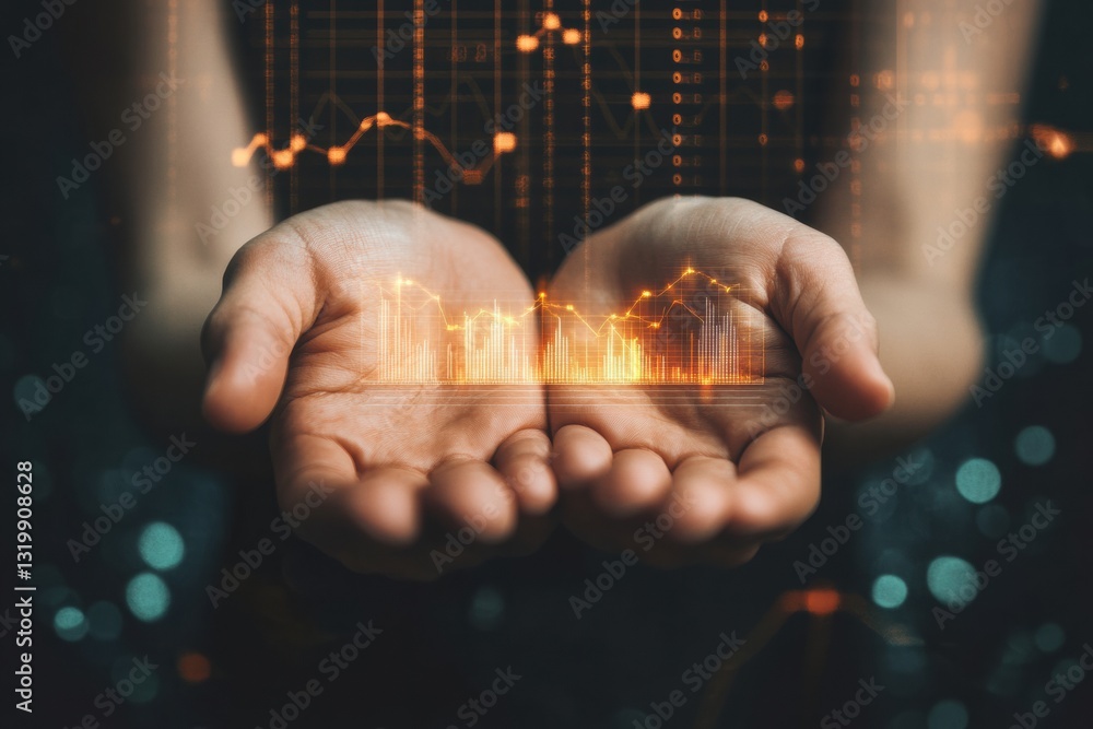 Poster hands holding financial data and charts with digital networks illustrating advancements in finance a