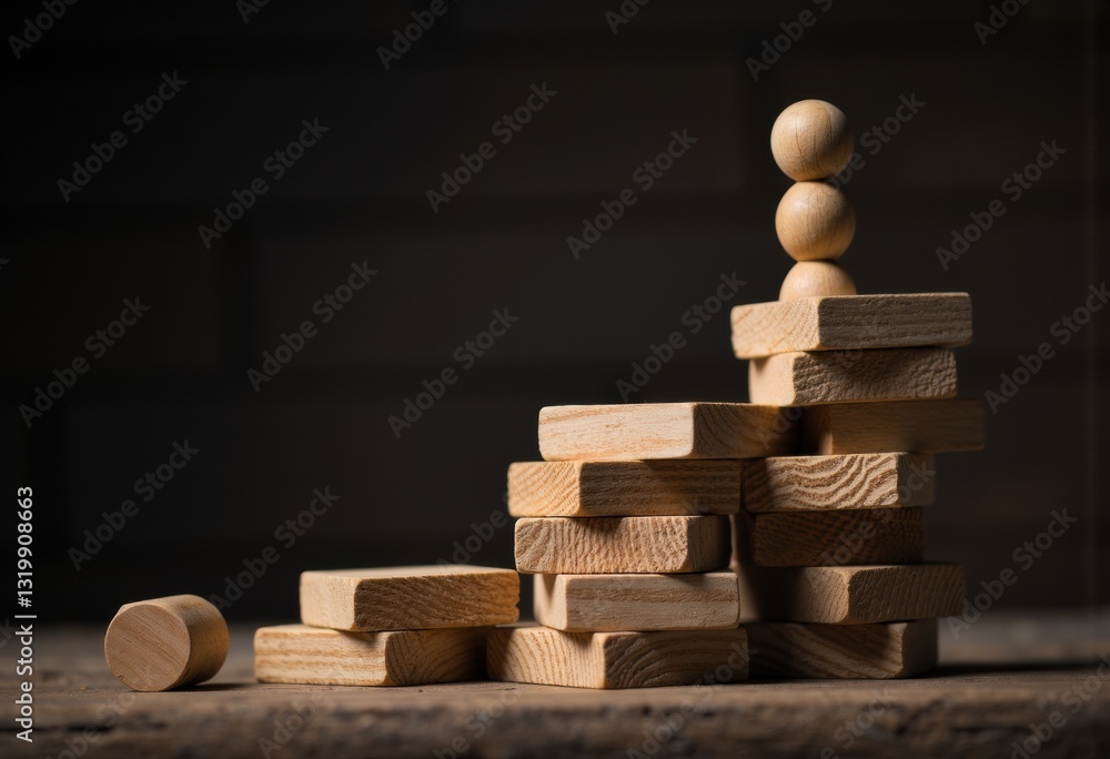 Poster stacked wooden blocks with a single sphere balancing on top