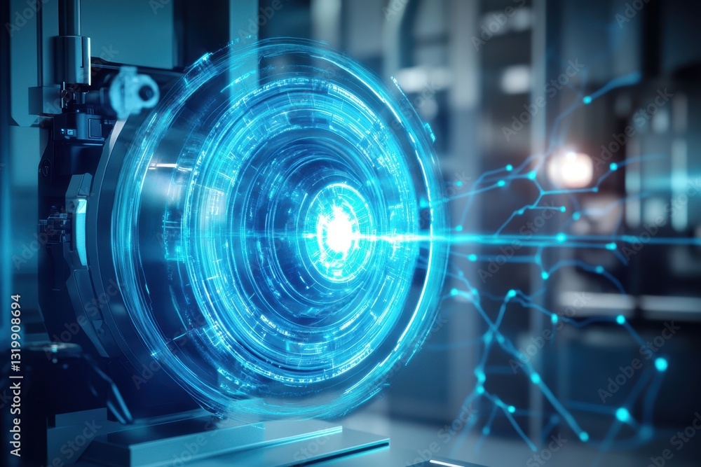 Poster advanced technology interface displaying glowing blue energy patterns in a lab setting
