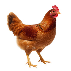 Fototapeta premium a vibrant detailed illustration of a brown chicken standing upright showcasing its feathers and distinctive comb. chicken's natural colors and features against a plain white background