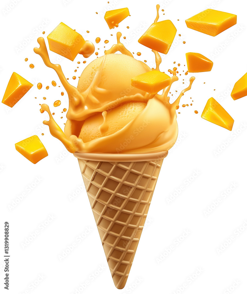 Poster cone filled with creamy orange ice cream with splashes and chunks of mango surrounding it creating a