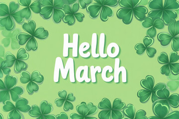 hello march text with clover leaves; St. Patrick's Day concept- illustration 
