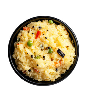 Indian breakfast upma in black bowl with Transparent Background, PNG