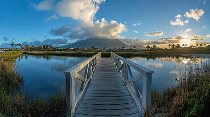 Obraz premium Panorama view of footbridge to the Smathers beach at sunrise - Key West, Florida. High quality photo