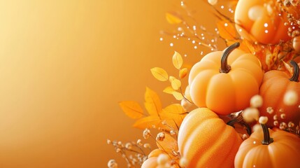 Celebrate Thanksgiving Day with a festive banner featuring vibrant 3D orange pumpkins and autumn foliage