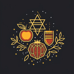 Elegant minimalist Rosh Hashanah vector with apple, pomegranate, shofar, and Star of David