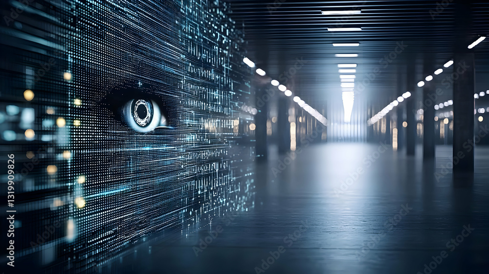 Poster futuristic server room with glowing blue binary code data stream and surveillance eye overlay in dar