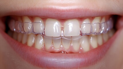Close-up of woman smiling and showing invisible braces for dental correction