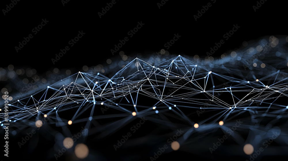 Poster dynamic blue and gold particles form abstract network on a dark background with futuristic technolog