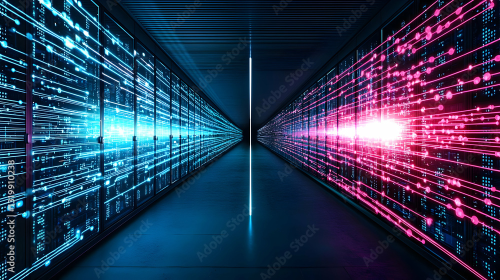 Poster futuristic data center with glowing blue and pink binary code streams in server room with dark backg