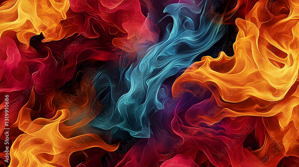 Poster dynamic collision of blue and orange abstract fluid forms with a dark background