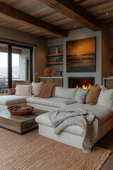 Photo salon contemporain élégant avec couleurs neutres, grand canapé d’angle, cheminée moderne et œuvre murale abstraite pour un design intérieur raffiné