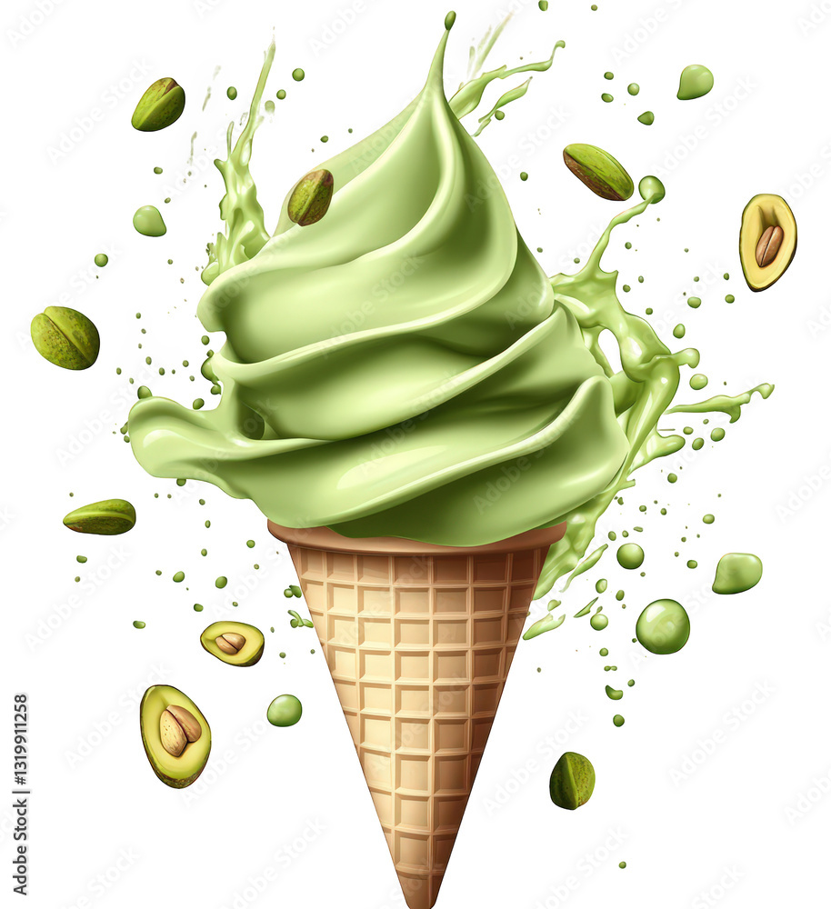 Poster a green soft-serve ice cream cone surrounded by splashes and pistachio nuts emphasizing a refreshing