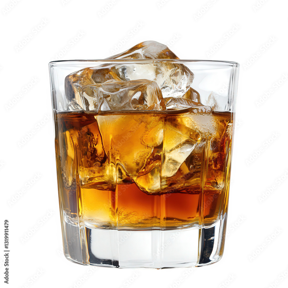 Poster a glass filled with whiskey and ice showcasing a classic drink often enjoyed in social or relaxing s