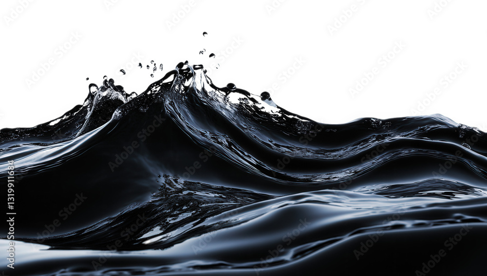 Poster dynamic wave of black liquid capturing the fluid motion and texture against a stark white background