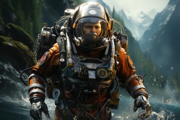 Fototapeta premium A person using a jetpack over water