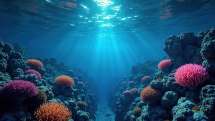Naklejka premium Sunlight illuminating bioluminescent coral affected by coral bleaching 