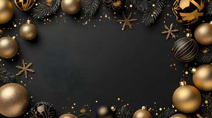 Elegant Black And Gold Christmas Ornament Frame With Pine Cones And Glitter On Dark Background With Copy Space For Festive Holiday Greeting