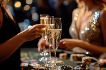 Glamorous casino night party with elegantly dressed guests enjoying high stakes games and champagne