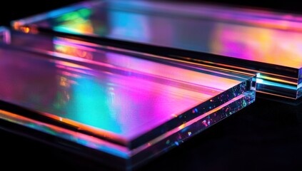 Two iridescent acrylic glass rectangles reflecting vibrant colors on black background.