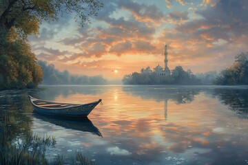 Obraz premium A serene landscape featuring a boat on a calm river at sunset, with a mosque in the background.
