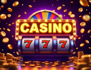 Online gambling slot machine illustration with vibrant "CASINO" text and fortune wheel