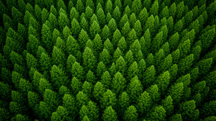 An aerial view of a lush forest filled with dense, vibrant green trees, creating a beautiful and calming pattern
