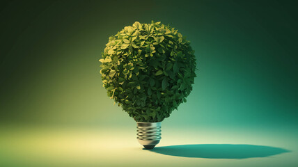 Green foliage shaped as lightbulb on green background, symbolizing eco-friendly energy and sustainable solutions, perfect for environmental campaigns