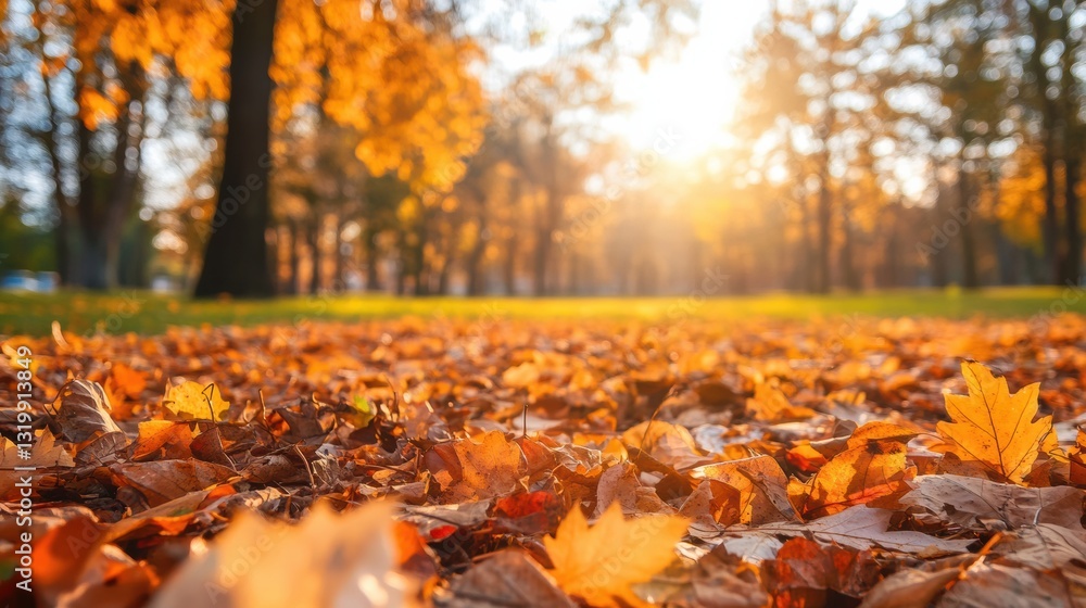 Poster vibrant orange fall leaves blanket park ground during autumn with sunlight filtering through trees c