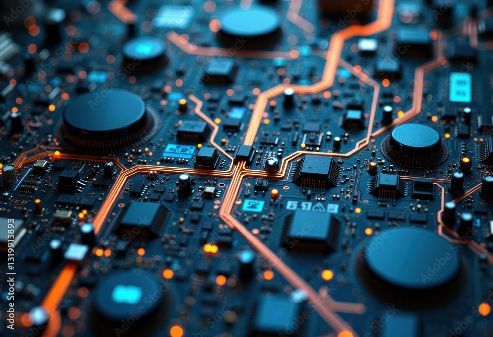 Poster close-up of a complex circuit board with glowing connections and components