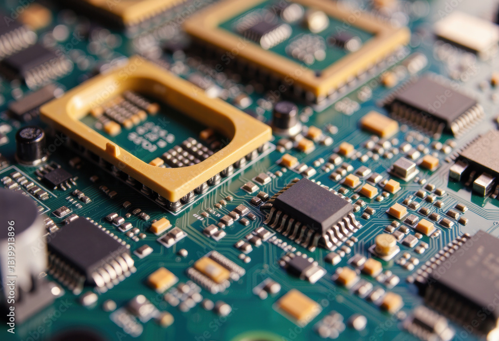 Poster close-up view of a complex circuit board with various electronic components