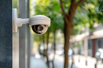 Security camera monitoring urban street activity under bright daylight in a bustling city