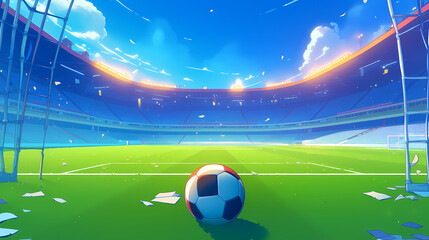 Naklejka premium A vibrant soccer stadium at sunset with a ball in focus, showcasing an empty field and scattered papers