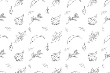 Seamless pattern with Asian cuisine ingredients: chili peppers, garlic, basil, rosemary, and leaves. Hand drawn illustration for packaging, textiles, backgrounds.