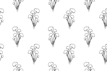 Seamless pattern with Asian cuisine ingredients: mushrooms (enoki, shimeji, porcini), chili peppers, basil, rosemary, and leaves. Hand drawn illustration for packaging, textiles, backgrounds.