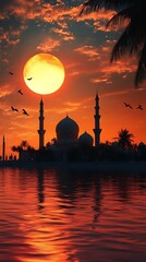 Obraz premium A serene sunset silhouette of a mosque with palm trees and birds over a reflective water surface.