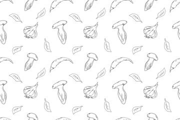 Seamless pattern with Asian cuisine ingredients: mushrooms (enoki, shimeji, porcini), chili peppers, garlic, basil, rosemary, and leaves. Hand drawn illustration for packaging, textiles, backgrounds.