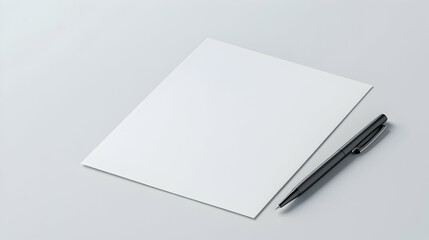A clean, minimalist workspace featuring a blank sheet of paper and a sleek black pen. Ideal for notes, ideas, and creative brainstorming in a professional setting.