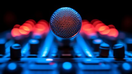 Microphone on Audio Mixer with Red and Blue Lights for Music Production