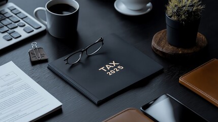 Well-Organized Accountant’s Desk with TAX 2025 Documents and Financial Planning Book