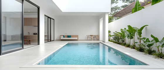 Inviting Turquoise Swimming Pool At A Modern White Villa With Lush Green Tropical Plants And Sliding Glass Doors