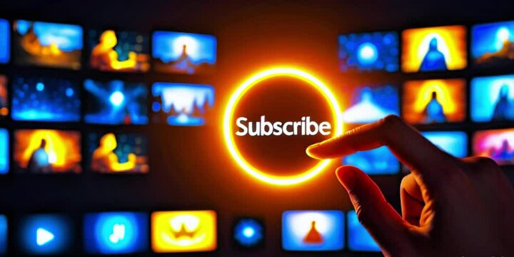 Hand clicking Subscribe button with video thumbnail screens in the background generative AI