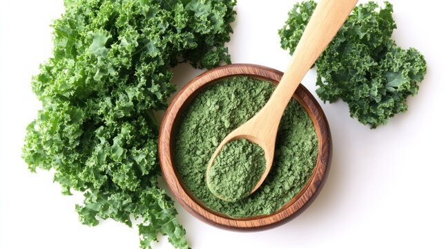 Fresh kale powder in wooden bowl and spoon