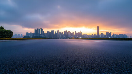 Cityscape at Dusk Features Skyscrapers Reflected on Sparkling Water Surface under Vivid Orange and Blue Sky