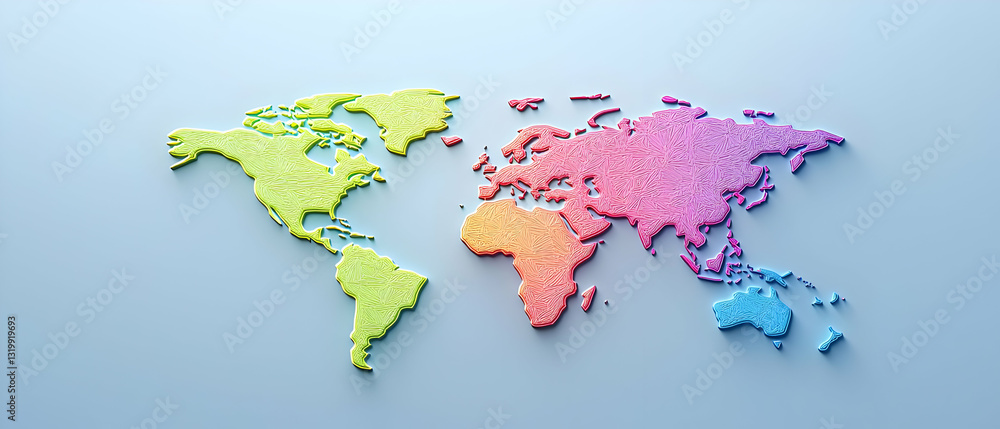 Poster a 3d pixelated world map in rainbow colors on a light blue background with subtle shadows