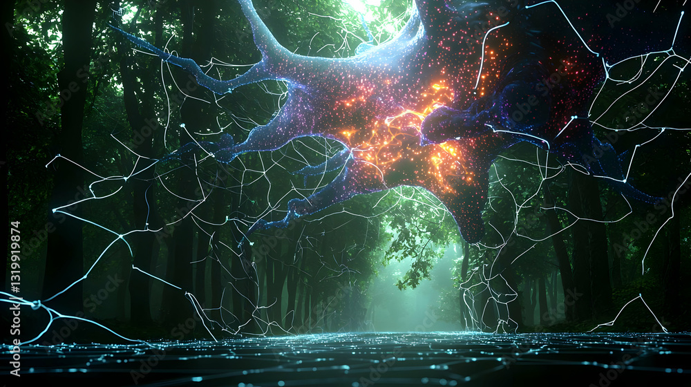 Poster mystical forest path with glowing digital network canopy and vibrant light particles
