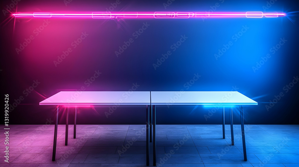Poster a modern table illuminated by blue and pink neon lights in a dark room creating a futuristic and abs