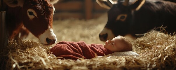 A peaceful baby sleeping in a manger with watchful animals present